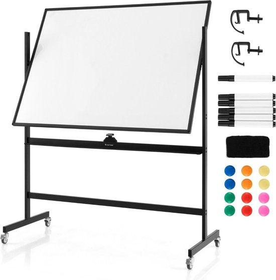 Coast Whiteboard – Dubbelzijdig & In Hoogte Verstelbaar – Incl. Accessoires – 126 x 53,5 x 160-180 cm – Wit