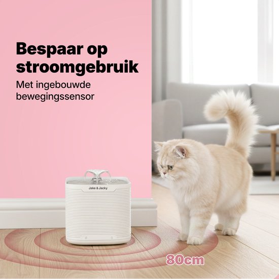 Jake & Jacky Drinkfontein RVS Draadloos Kat en Hond - Met Sensor en Accu - Waterfontein Kat - Kattenfontein - Waterbak - Fluisterstil - Incl. Filter - 2,5L - Wit