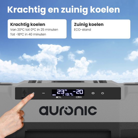 Auronic Compressor Koelbox – Dual Zone, 49L, 12V/24V, Met Wielen – 69,2 x 45,3 x 51,5 cm – Grijs