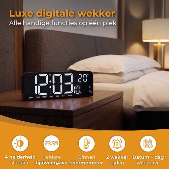 Nuvance Digitale Wekker - Digitale Klok - Reiswekker voor Kinderen & Volwassenen - Alarmklok - LED Wekkers Digitaal