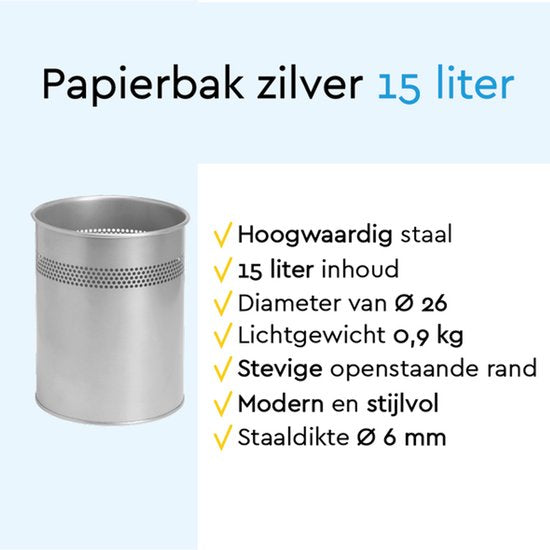 BRASQ Prullenbak Metaal Kantoor/ Thuisgebruik - Vuilnisbak - Afvalemmer - Papierbak - Rond - Prullenbakken - Zilver 15 liter