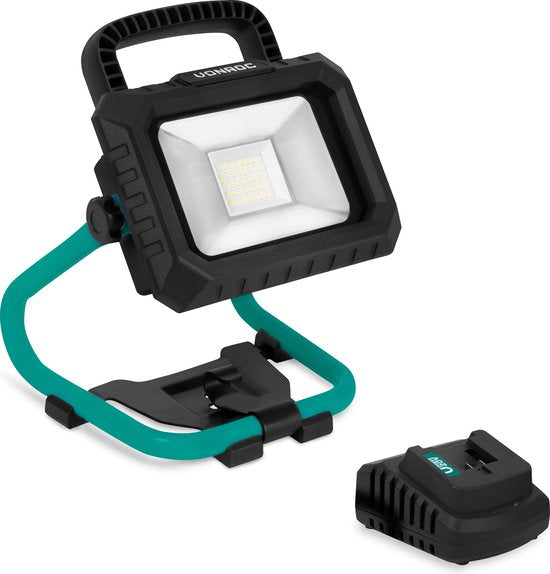 VONROC Accu Bouwlamp 20V - LED - 20W – 2 standen: 900/1800 lumen – kantelbaar – brede stralingshoek - Incl. 2.0Ah accu en snellader