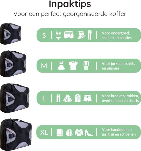 Volcan Packing Cubes - Koffer Organizer Set - 4 Delige Set - Travel Cubes - Voor Backpack en Koffer - Zwart