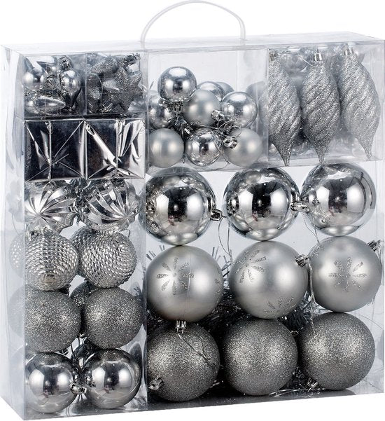 Deuba Kerstboomballen - Set van 103 Kunstof Mat Glanzend - Zilver