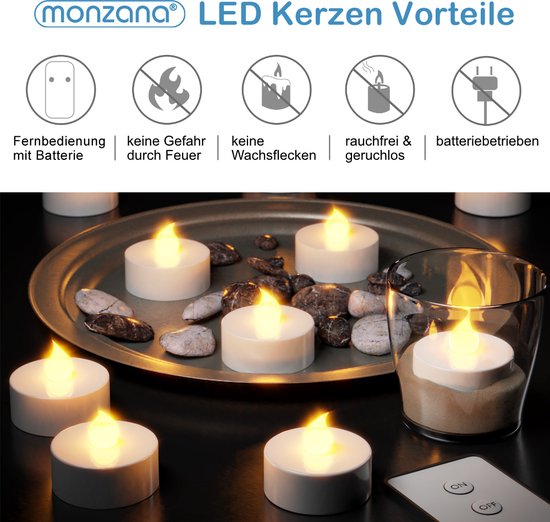 Monzana - 10 x flikkerende LED theelicht - warmwit - met afstandsbediening