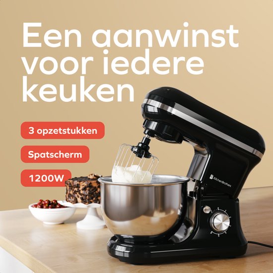 KitchenBrothers Keukenmachine - 1200W - Keukenrobot - 5L - Mixer met Mengkom - Keukenmixer - Zwart