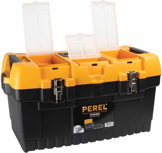 Perel Gereedschapskoffer, polypropyleen, met verwijderbare inlegbak, 3 organizers in het deksel, inklapbaar handvat en metalen sluitingen, zwart/geel, 564 x 310 x 310 mm