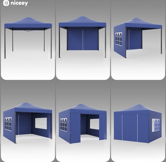 Niceey Partytent - EasyUp - Opvouwbaar - Waterdicht - Met Draagtas met wielen - 300 x 300 cm - Donkerblauw
