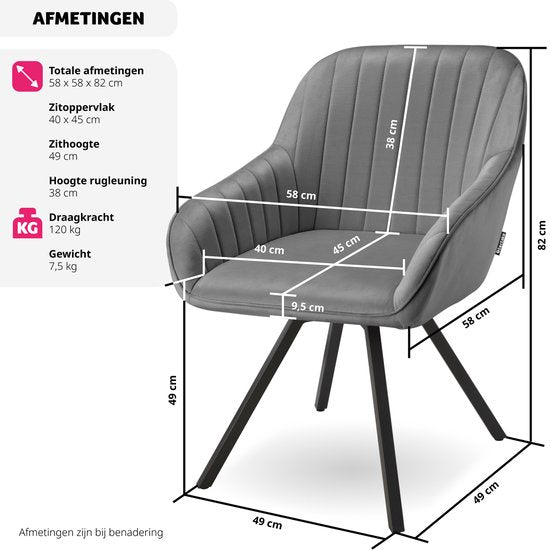 tectake® - Draaibare eetkamerstoel met armleuningen - Ergonomische kuipstoel met fluwelen bekleding - Gewatteerd - Draaistoel voor woonkamer, eettafel, studeerkamer, kaptafel en keuken - Grijs