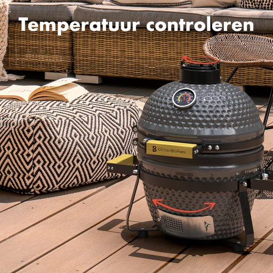 KitchenBrothers Kamado BBQ - 13 Inch Houtskool Barbecue - 27⌀ cm - PFAS-vrij - Deluxe Set - Egg BBQ met Accessoires inclusief Hoes - Grijs