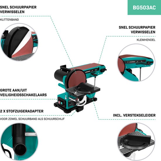 VONROC Band- en schijfschuurmachine 350W – Incl. 2x Schuurband 100 x 915 mm (P80 & P120) en 2x Schuurschijf Ø150 mm (P80 & P120)