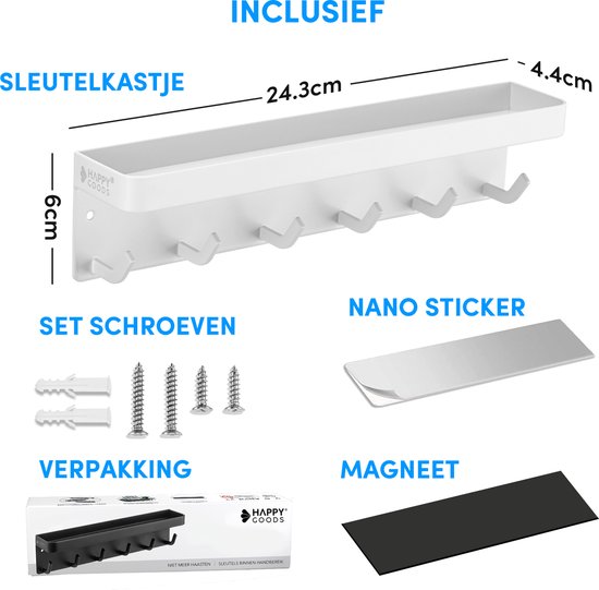 Happy Goods® Sleutelrekje Wit - Sleutelkastje voor Binnen - Zelfklevend - Sleutelhouder - RVS - Sleutel Organizer - Sleutelbord Modern - Sleutelrek inclusief Schroeven - Sleutelkastjes