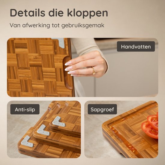 Deleca 3-delige Snijplankenset Bali met Houder - Snijplanken (40x30 | 33x24 | 26x18 cm) - Voor Japandi Keuken - Serveerplank, Kaasplank, Borrelplank, Snijplank en Tapasplank - Gecarboniseerd FSC Bamboe