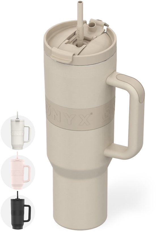 ONYX Drinkfles met Rietje 1 Liter - Waterfles voor Kinderen & Volwassenen - Thermosbeker RVS Travel Mug - Motiverende Drinkbus - Drinkbeker voor School - Sand Beige