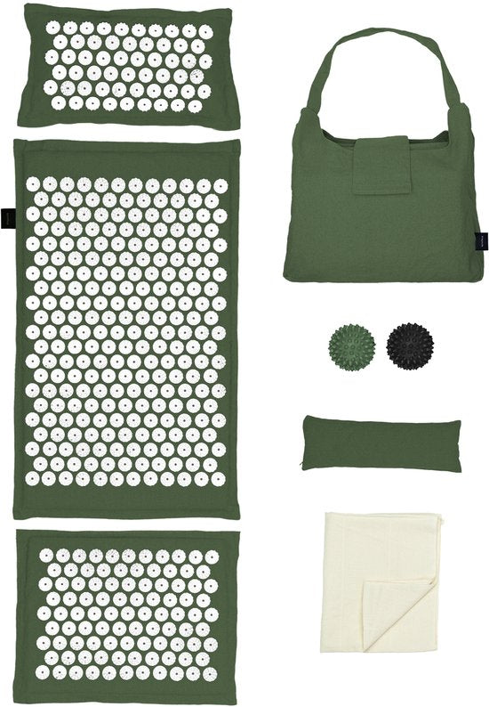 LifeGoods Acupressuur Mat Eco - Complete Set - Kussen / Draagtas / 2x Triggerpoint Bal - Shakti mat - Spijkermat - 72x43x2cm - Groen/Wit