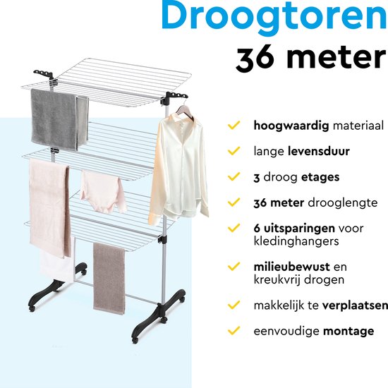 BRASQ Droogtoren Inklapbaar 3 Lagen - Drooglengte 36 Meter - Wasrek met Wieltjes en houders - Droogrek - Wastoren 77x73x140 cm