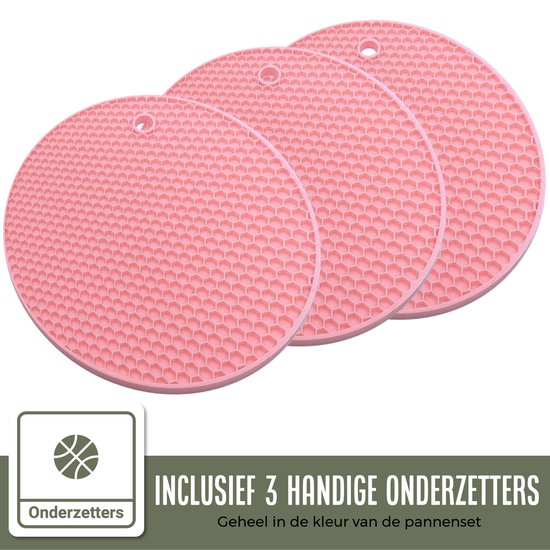 COOCK 19-Delige Pannenset - Speciale Anti-Aanbak Coating - Ergonomische Koudgrepen - Gerecycled Aluminium - koekenpannenset - kookpottenset - Lichtroze - Inclusief Onderzetters en E-book