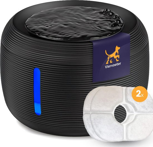 Viervoeter Premium Drinkfontein - Ronde waterfontein voor Katten en Honden - 2,5L - Dieren Drinkbak - geruisloos - Incl. 2 filters - Zwart