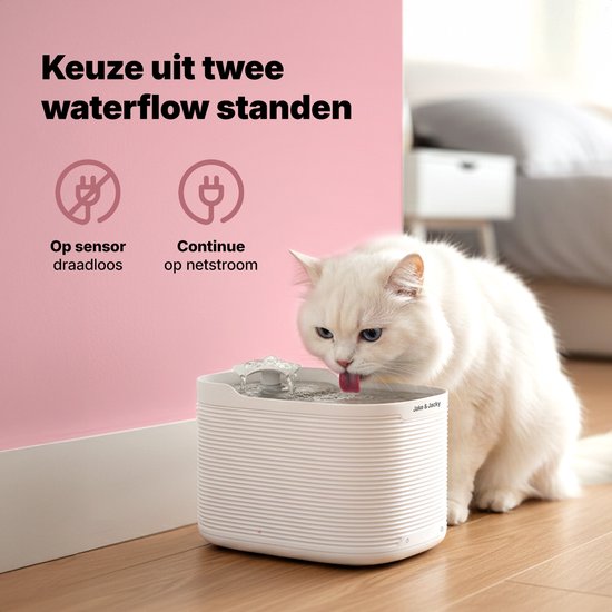 Jake & Jacky Drinkfontein RVS Draadloos Kat en Hond - Met Sensor en Accu - Waterfontein Kat - Kattenfontein - Waterbak - Fluisterstil - Incl. Filter - 2,5L - Wit