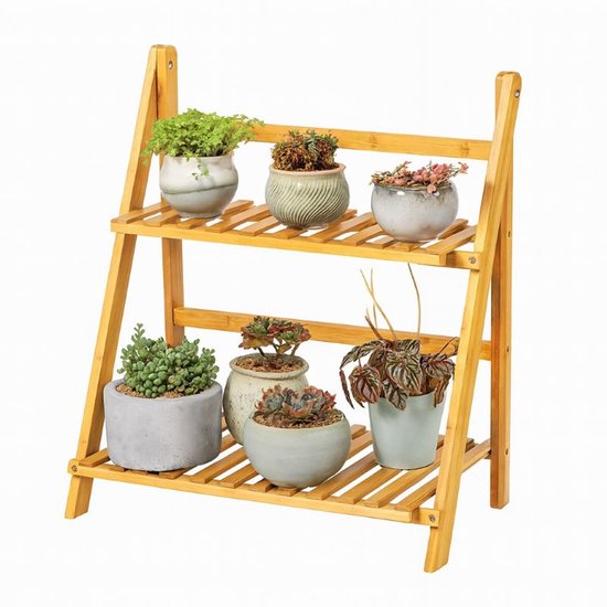 Ceruzo Plantenrek Bamboe – 2-Laags Plantenstandaard – 50x28x54 cm – Kruidenrek– Naturel
