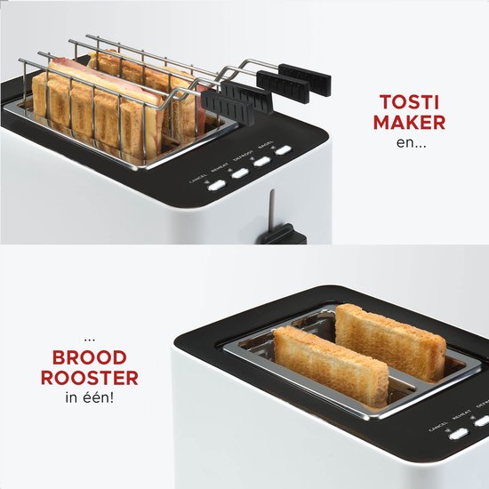 Bourgini Tosti Toaster met Bagelfunctie - Broodrooster met Tostiklemmen - Wit- Matte Finish - Extra brede sleuf geschikt voor 2 tosti's