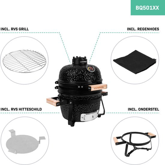 VONROC - BBQ - Kamado - 13" - Met beschermhoes, plate setter & onderstel - Houtskoolbarbecue – Keramisch
