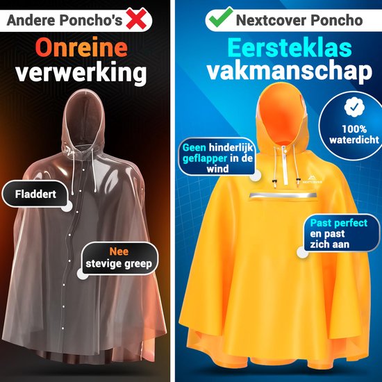 Nextcover Regenponcho Fiets voor Dames en Heren | Regencape met AquaShield 2.0 Technologie, Winddicht & Waterdicht | Ideaal voor Fietsen, Wandelen en Vissen | Fietsponcho Volwassenen Unisex Pasvorm | Poncho