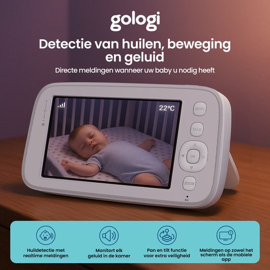 Gologi Babyfoon met Camera – Baby Monitor – Baby Camera - Op afstand bestuurbaar via App en Scherm - Wit