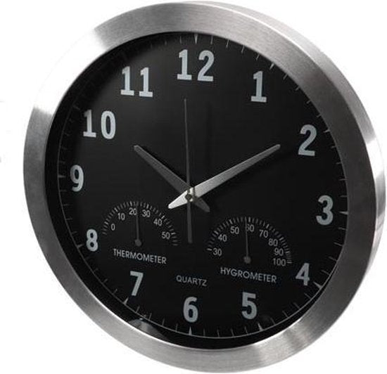 Perel Wandklok, rond, analoog, 35,5 cm, radiogestuurde tijdsaanduiding (DCF), met thermometer en hygrometer, aluminium, zilver