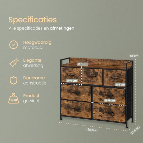 O'DADDY® Opbergkast - Dressoir - Ladekast - Industrieel - 7 Laden - Ladenkast - Kast - 28,5 x 98 x 85 cm - Vintage Bruin/Zwart
