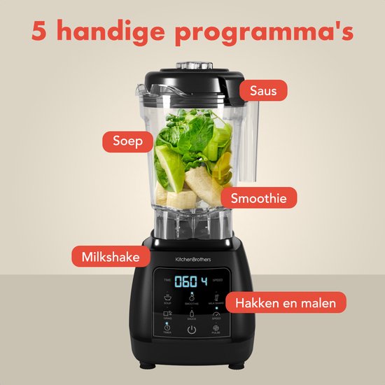KitchenBrothers 2-in-1 Power Blender - 1600W - 2L - Complete Set met Hakmolen en To-go Beker - Smoothie Maker - IJscrusher - Zwart