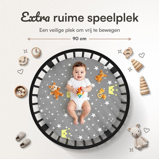 Flowsense Baby Box – Ronde Speelbox - Grondbox - Kinderbox - Playpen – Met Matras – Verstelbare Hoogtes – Wielen - Zwart