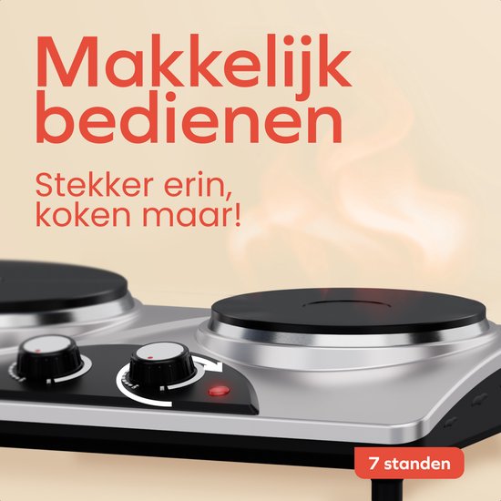 KitchenBrothers Elektrische Kookplaat - 2 Pits - Vrijstaand - 7 temperatuurstanden - 1500W + 1000W - RVS/Zwart