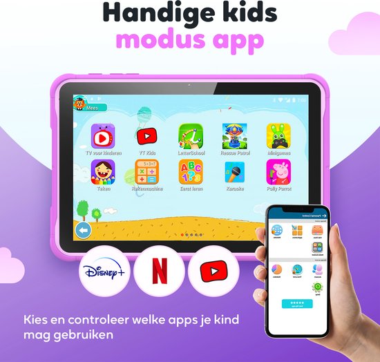 Spoused Kindertablet – 10.1 Inch – Kindertablet vanaf 3 jaar – 64GB – 4GB RAM– 6000 mAh Batterij - Incl. Beschermhoes & Ouder Control app – Paars