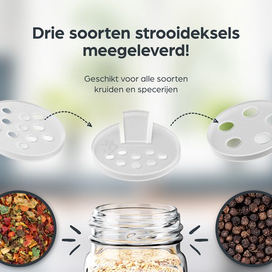 Organess 28 Glazen Kruidenpotjes Vierkant met Zwarte Deksel – 3 Soorten Strooideksels – Kruidenstrooier – Spice Jars – Complete Set incl Kruiden Stickers, Krijtstift en Accessoires – 120ml