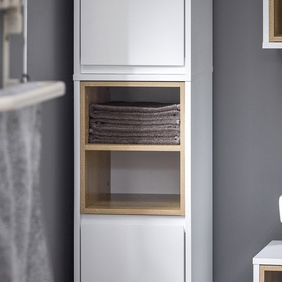 SoBuy BZR147-W Badkamerkast - Witte Hoge Kast met 2 Deuren & Vakken