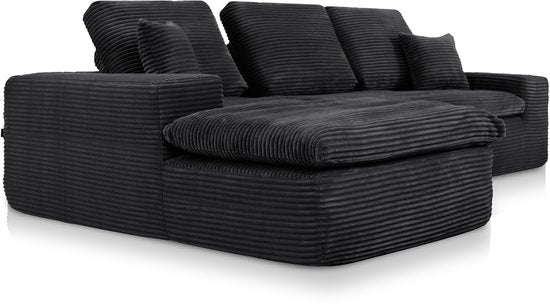 Popsofa Lazy Hoekbank - Velvet Ribstof - 98 x 253 x 80 cm - Zwart