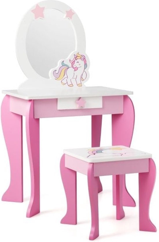 Coast Make-Up Tafel met Spiegel en Lade - Inclusief Krukje - 49,5 x 35,5 x 89 cm - Wit+Roze