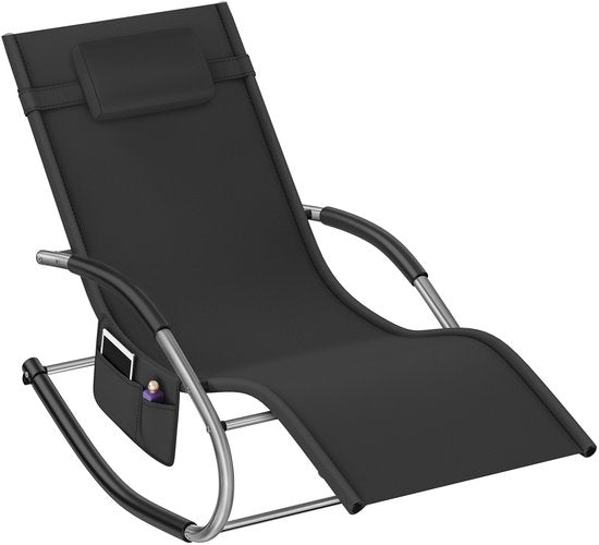 tectake® Ligstoel Taya - Ergonomisch Ligbed voor Tuin, Terras, Balkon - Relaxstoel met Schommelfunctie - Tuinstoel met Comfortabele Armleuningen, Hoofdsteun en Opbergvak - Weerbestendig en Waterafstotend - 120kg Draagkracht - Zwart
