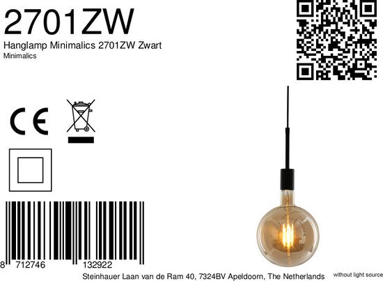 Hanglamp Minimalics 2701ZW Zwart - Verstelbaar in hoogte (42-170 cm) - Kunststof, Metaal - Mexlite