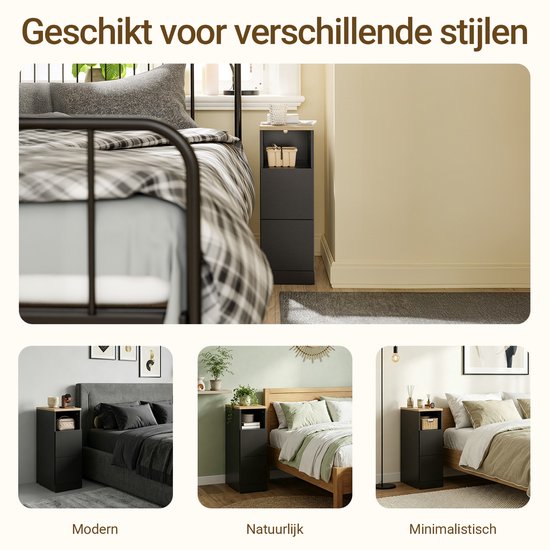 SoBuy Smal nachtkastje, dunne Bijzettafel met 2 laden en open vak, voor Woonkamer, Slaapkamer of Kantoor, 20x35x60cm, zwart, FBT149-SCH