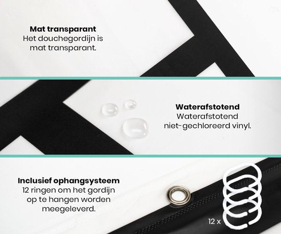 Loti Living Douchegordijn Anti Schimmel – Mat Transparant Zwart - Inclusief ringen – Waterdicht - PEVA - Douchegordijn 180x200 cm