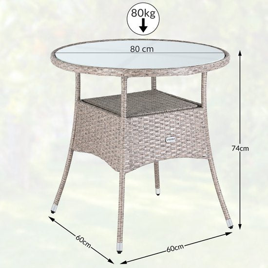Casaria Polyrattan Bijzettafel 80cm Rond - 5mm Veiligheidsglas – Beige