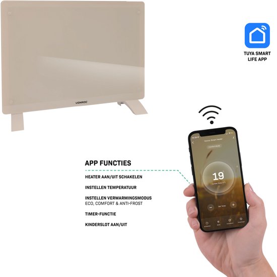 VONROC Luxe elektrische kachel - Convectorkachel met glazen paneel – 750W/1500W - Verwarmt ruimtes tot 18m2 - Bediening zowel met app (via Wifi) als handmatig – Instelbare thermostaat en timer - Beige