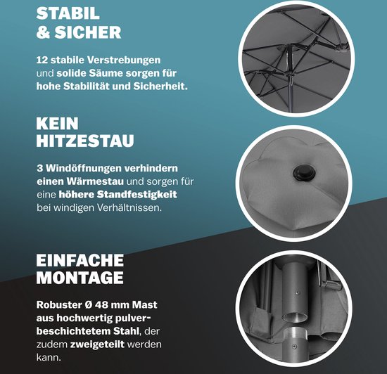 Kingsleeve Dubbele Parasol XXL met Zwengel – 100% polyester - Antraciet - 460x270 cm