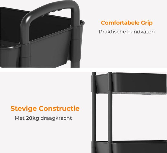 Posity Keukentrolley op wieltjes – Serveerwagen / Opbergtrolley / Keukenrek / Trolley Keuken – Verrijdbaar en Vast – 3 Lagen – Kunststof – Zwart