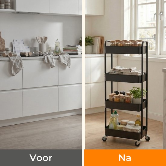 Posity Keukentrolley op wieltjes – Serveerwagen / Opbergtrolley / Keukenrek / Trolley Keuken – Verrijdbaar en Vast – 4 Lagen – Kunststof – Zwart