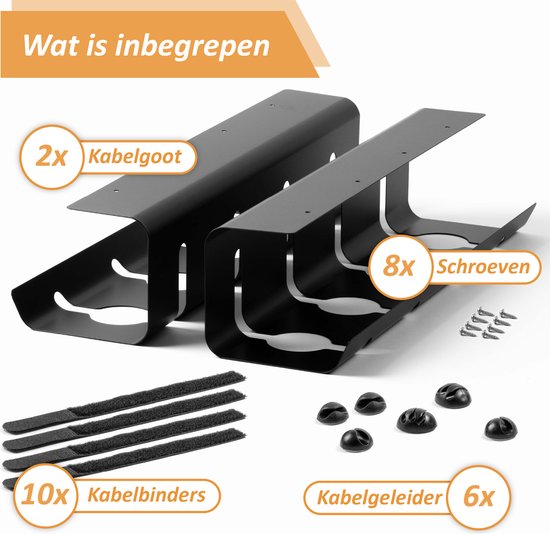 Stilemo Kabelgoot Bureau 2 Delig - Cable Management - Kabelhouder 43 CM - Kabelbox - Kabel Organiser 5 KG Draagkracht - Opberbox Stekkerdoos - Zwart - Incl. Accessoires