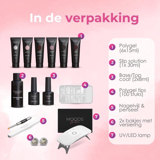 Moods Gellac - Luxe Polygel Set - Polygel Nagels Starterspakket - Inclusief UV LED lamp - 6 Kleuren - Coffee Nude