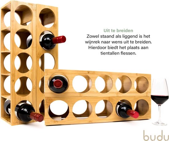 Budu Wijnrek Bamboe 5 flessen - Wijnrek hout - Stapelbaar - Uitbreidbaar - Houten wijnrek - Flessenrek - Bamboe wijnrekken - Wijnrek staand - Wijnfleshouder